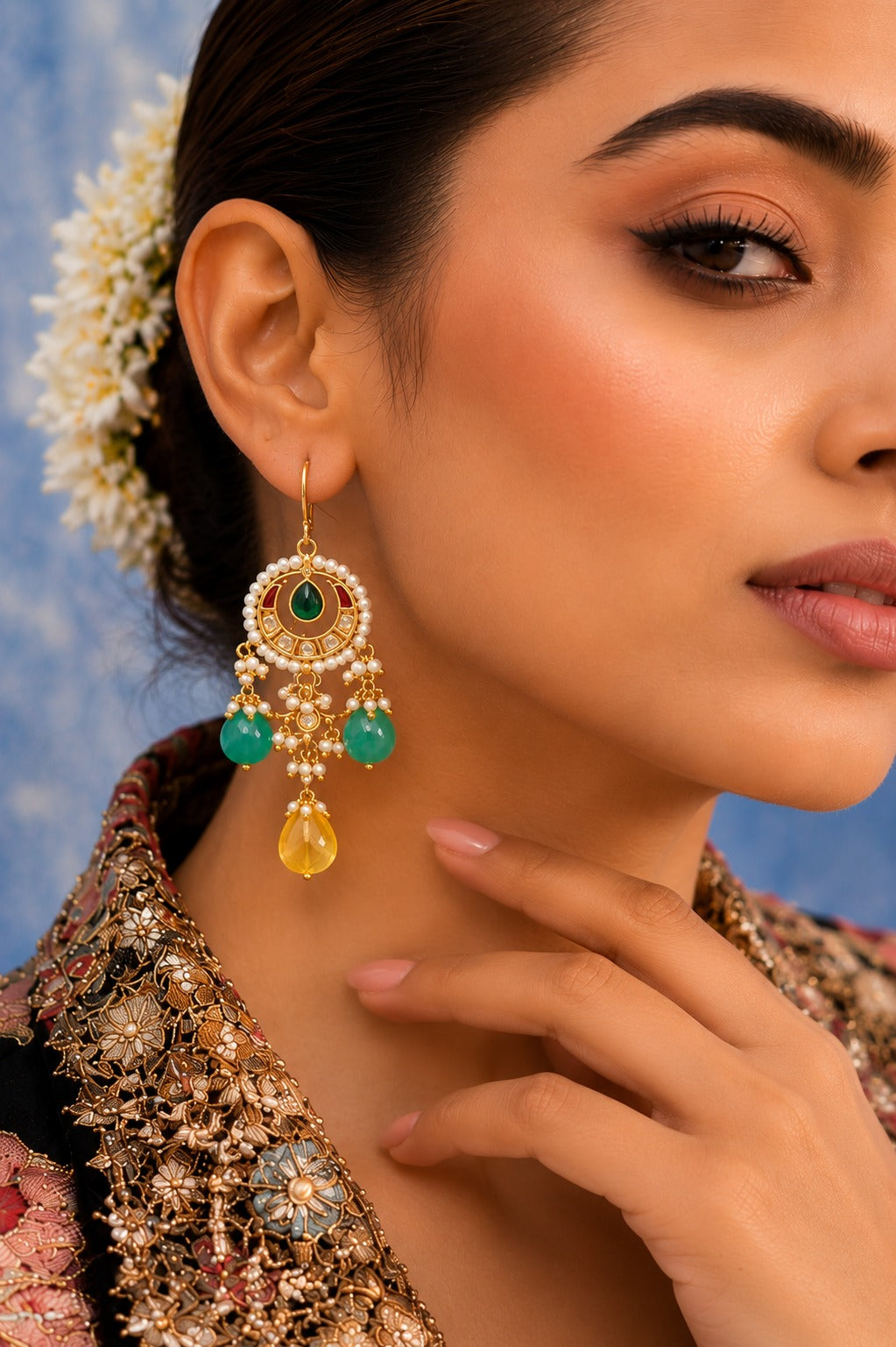 Red Kundan Green & Yellow Drop Dangler Earrings