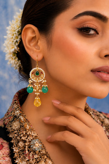Red Kundan Green & Yellow Drop Dangler Earrings