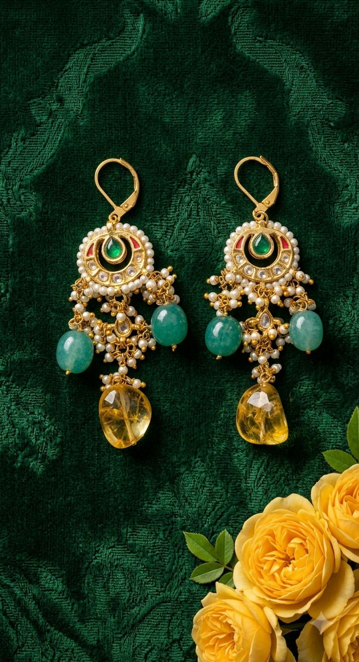 Red Kundan Green & Yellow Drop Dangler Earrings