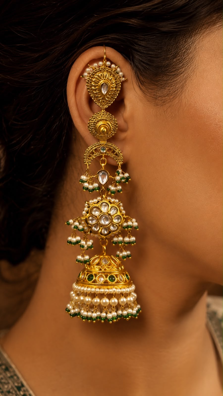 Royal Floral Kundan Gold Finish Pearl Jhumka Dangler Earrings