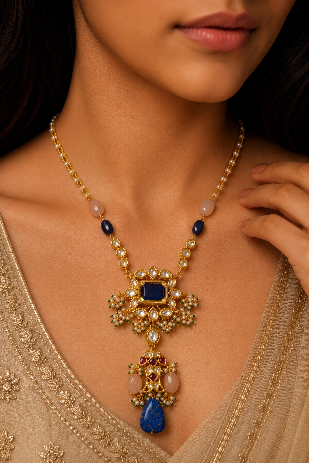 Blue Flower Lapis Long Kundan Necklace