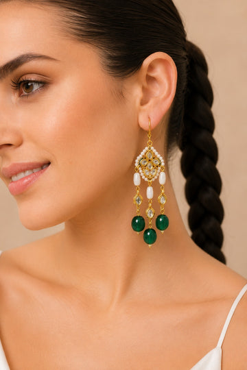 Gold Finish Emerald Lehar Pearl Kundan Earrings