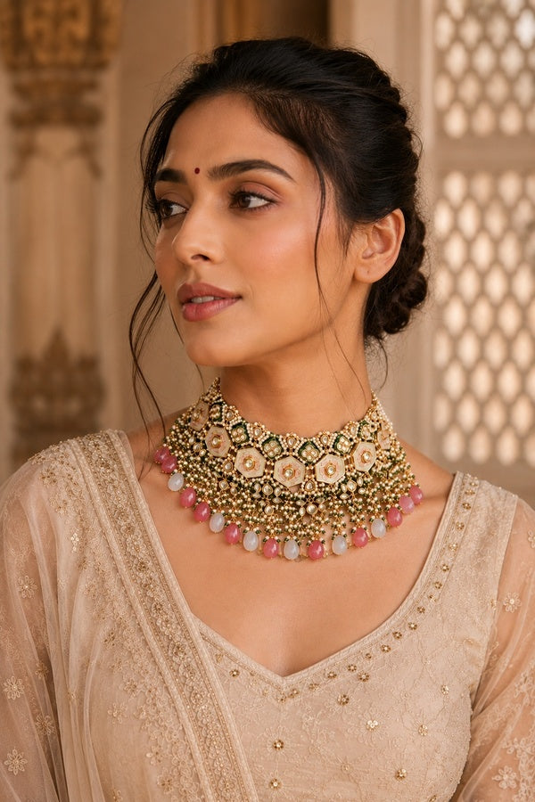 Green Meenakari with Red & Green Stones Kundan Choker Necklace