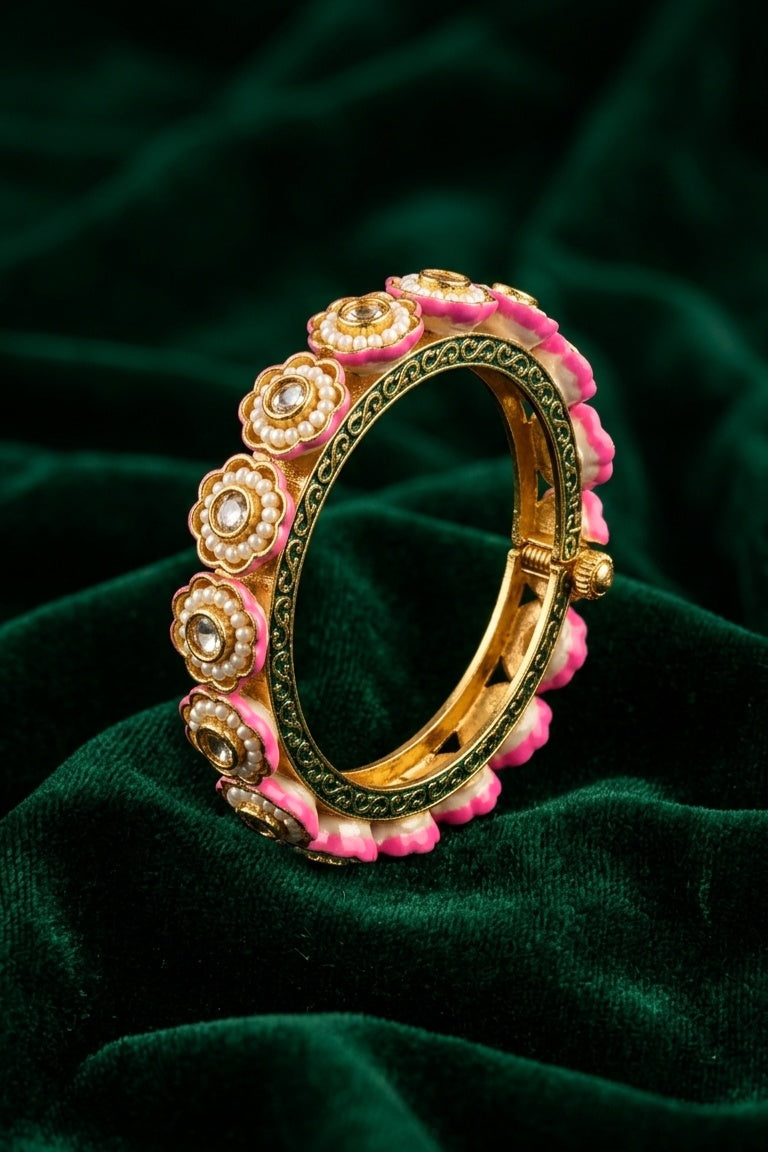 Golden Flower Kundan Bangle With Pearls