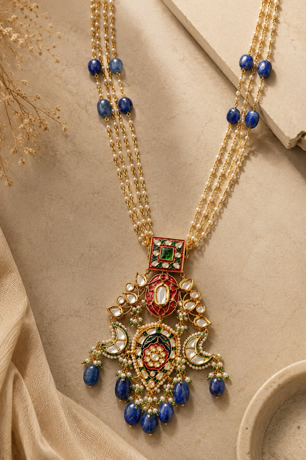 Red Enamel with Lapis Drop Kundan Necklace