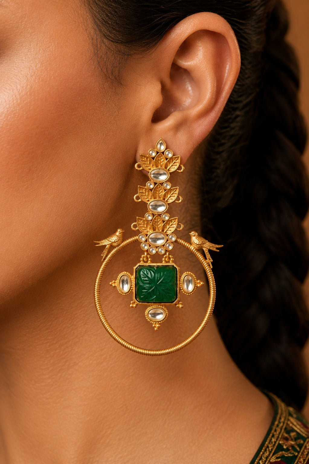 Carved Green Stone Gold Plated Chandbaali Earrings
