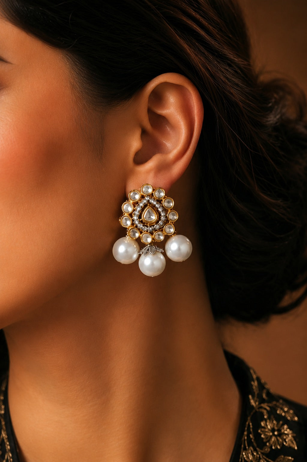 Gold & Silver Finish Zircon Pearl White Dangler Earrings