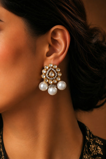 Gold & Silver Finish Zircon Pearl White Dangler Earrings