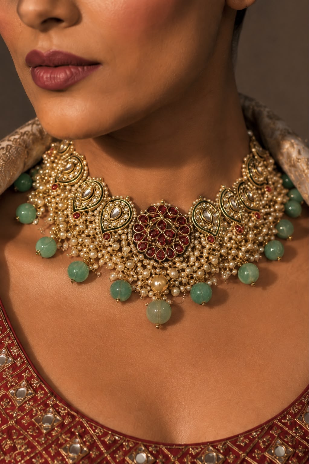Red Kundan Pearls & Green Drops Choker Necklace