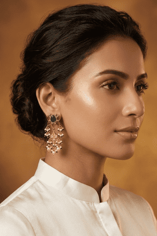 Gold Finish Green Center Pink Kundan Dangler Earrings
