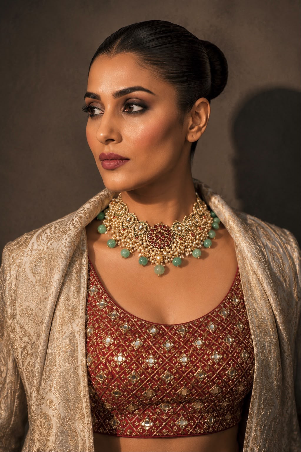 Red Kundan Pearls & Green Drops Choker Necklace