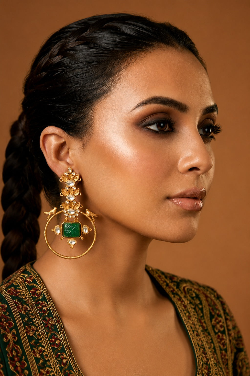 Carved Green Stone Gold Plated Chandbaali Earrings