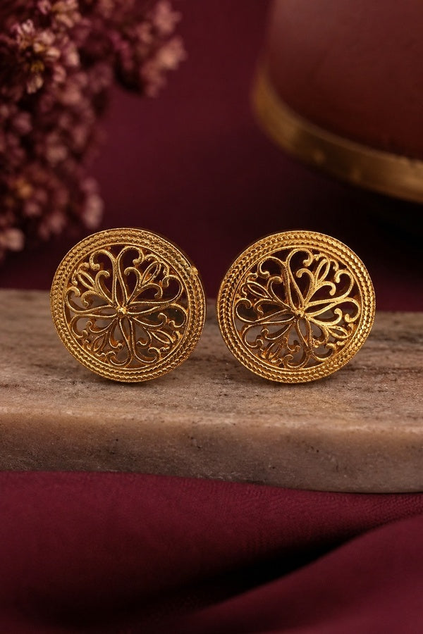 Gold Finish Round Filigree Stud Earrings