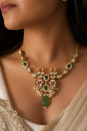 Red Enamel Green Kundan Green Drop Choker Necklace