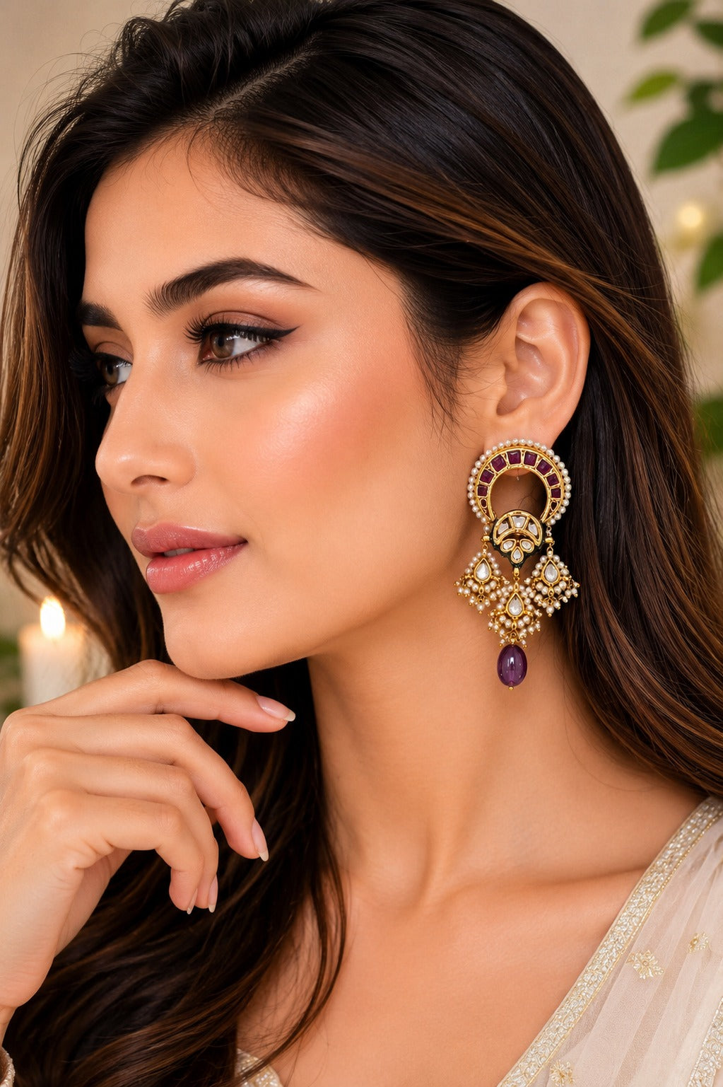 Red Kundan with Amethyst Drop Earrings