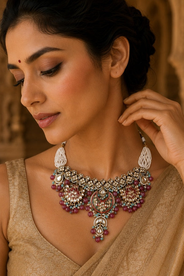 Blue & Red Meenakari Pearl Kundan Choker Necklace