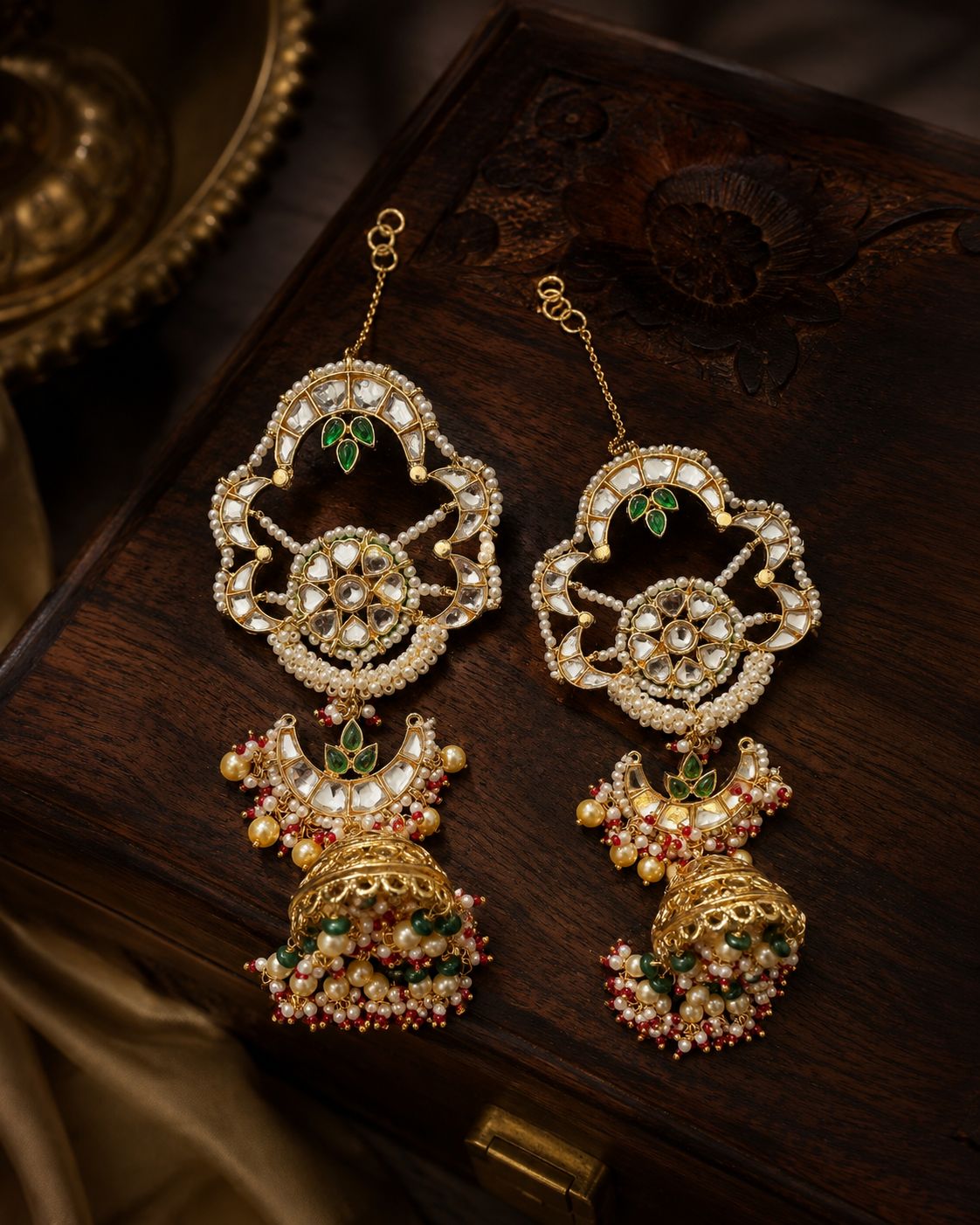 Green Kundan Gold White Green & Red Pearls Jhumki Earrings