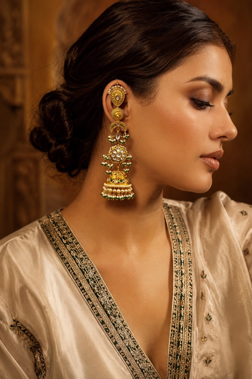 Royal Floral Kundan Gold Finish Pearl Jhumka Dangler Earrings