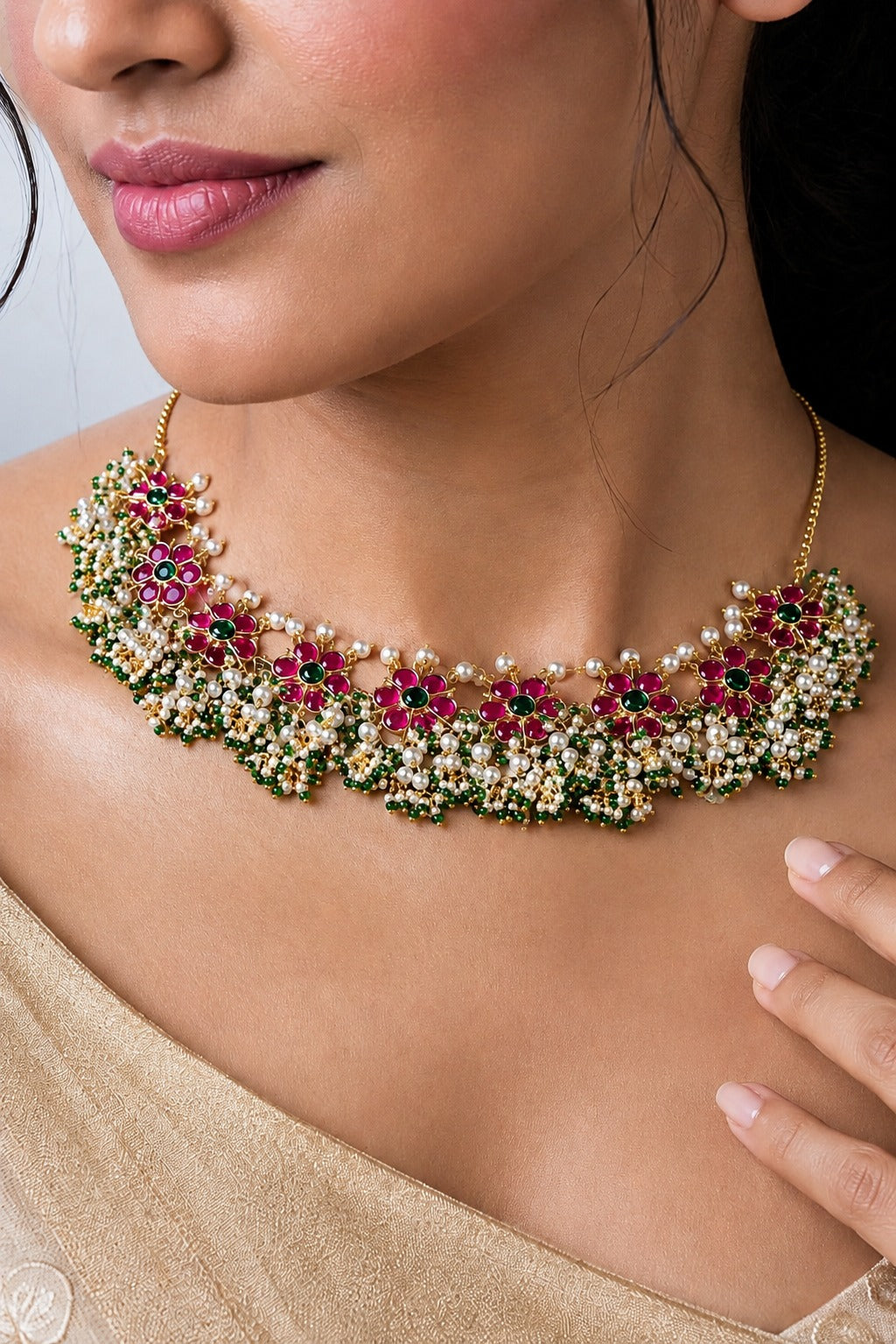 Red & Green Kundan Flower White & Green Pearls Choker Necklace