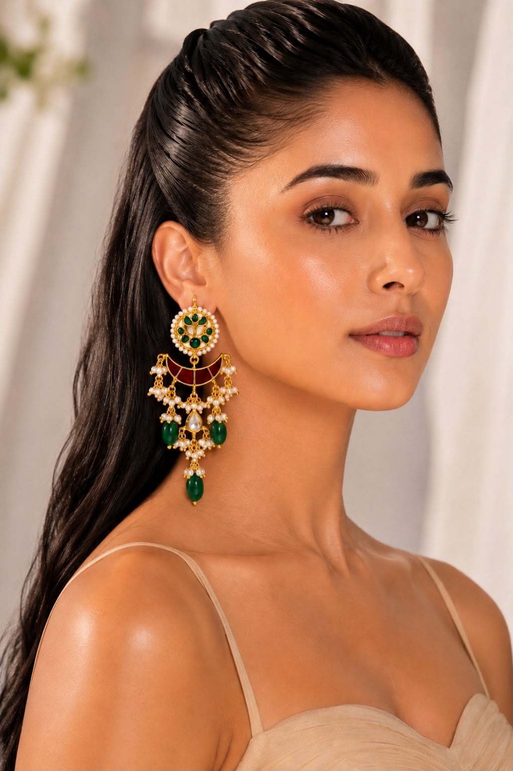 Red Green Meena Chand Kundan Green Drops Dangler Earrings