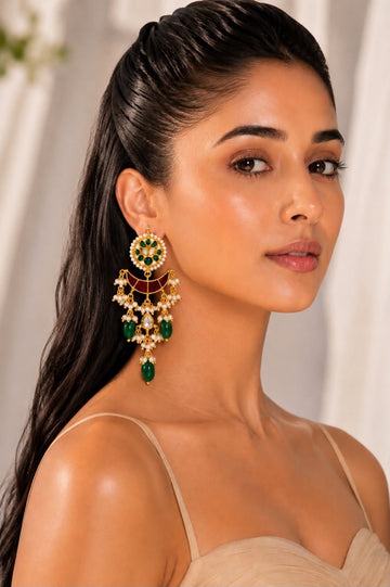 Red Green Meena Chand Kundan Green Drops Dangler Earrings