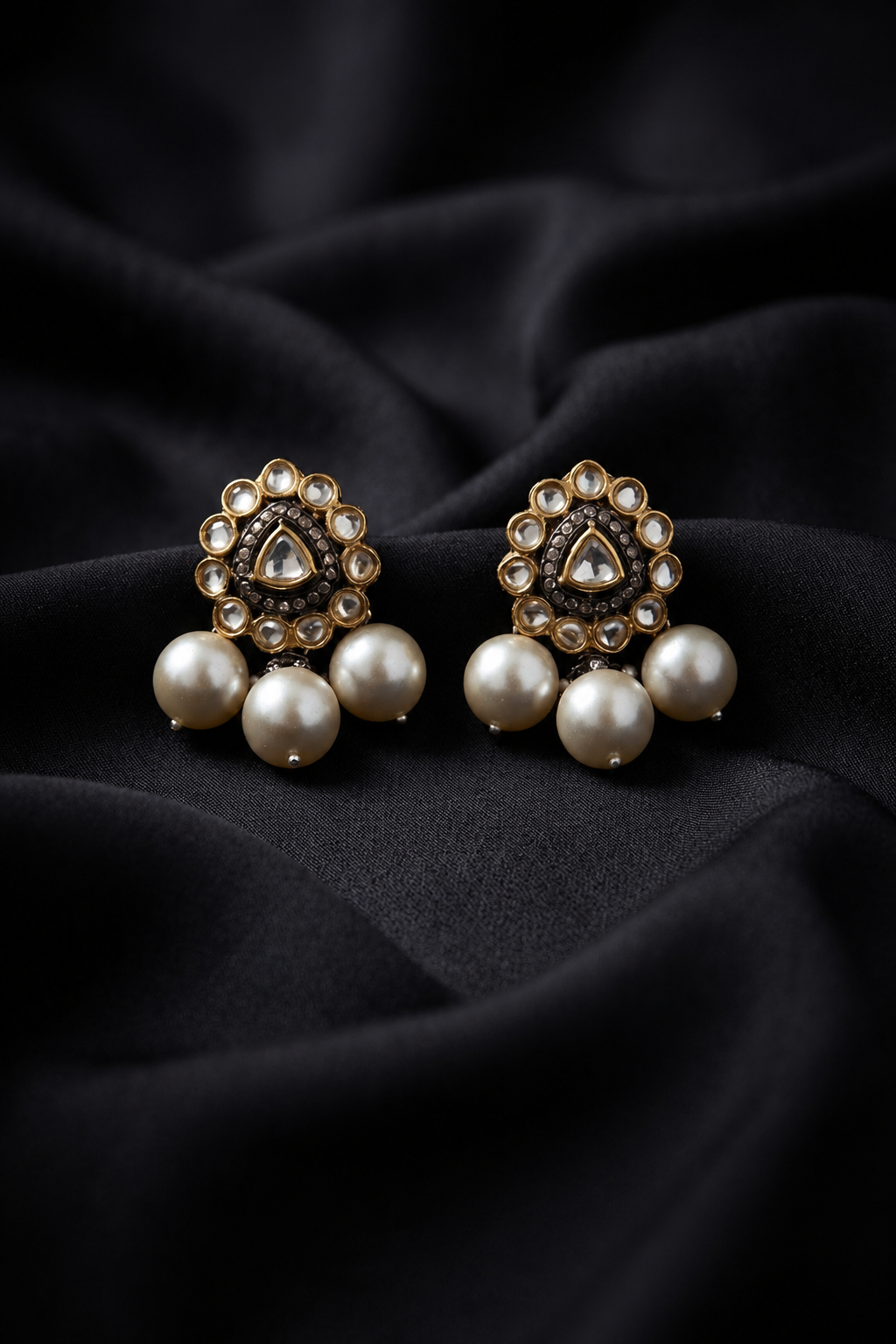 Gold & Silver Finish Zircon Pearl White Dangler Earrings