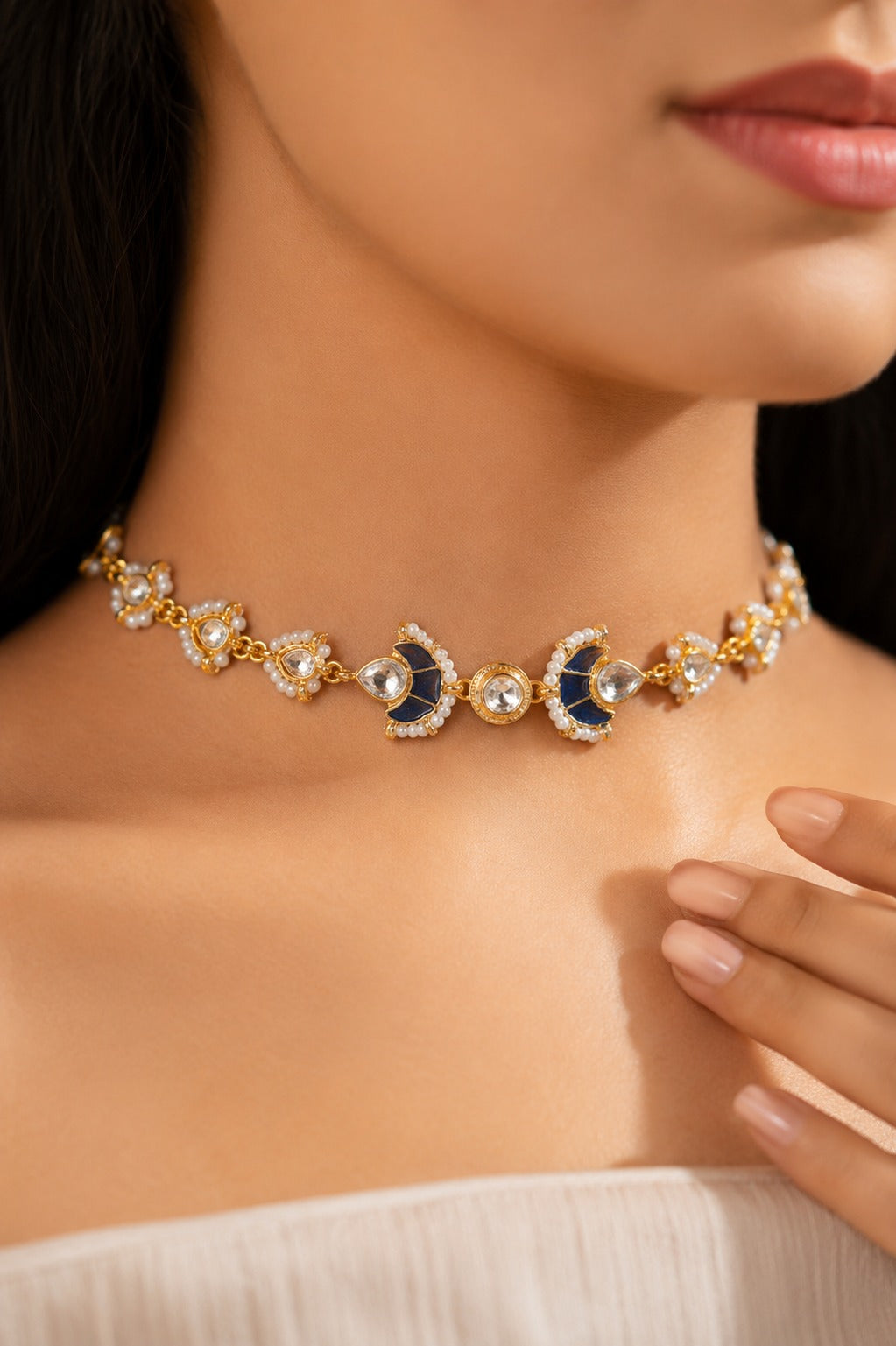 Blue Meenakari Pearls Kundan Choker Necklace