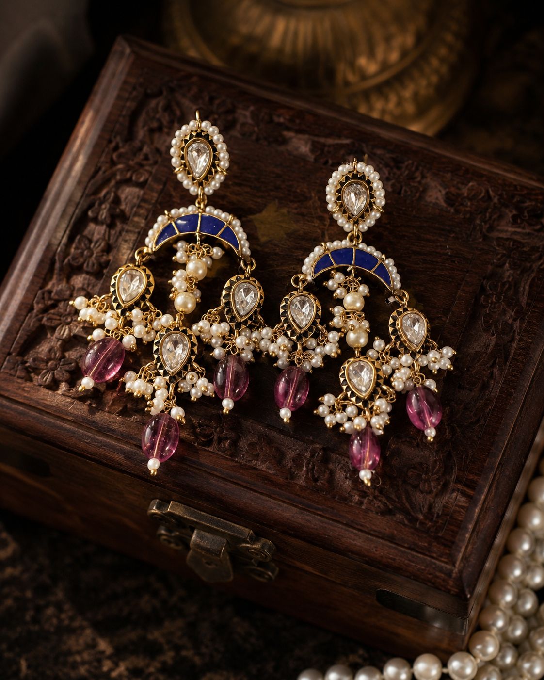 Kundan Stones With Pearls Blue Meenakari And Tourmaline Beads Dangler Earrings
