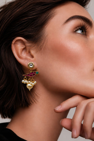 Red & Green Kundan Bird Earrings