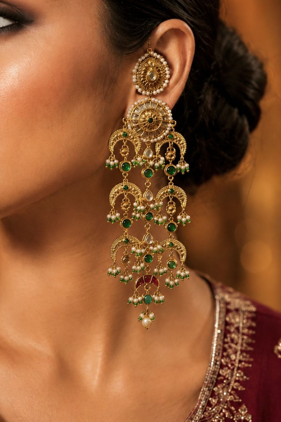Statement Antique Gold & White Green & Red Kundan Earrings