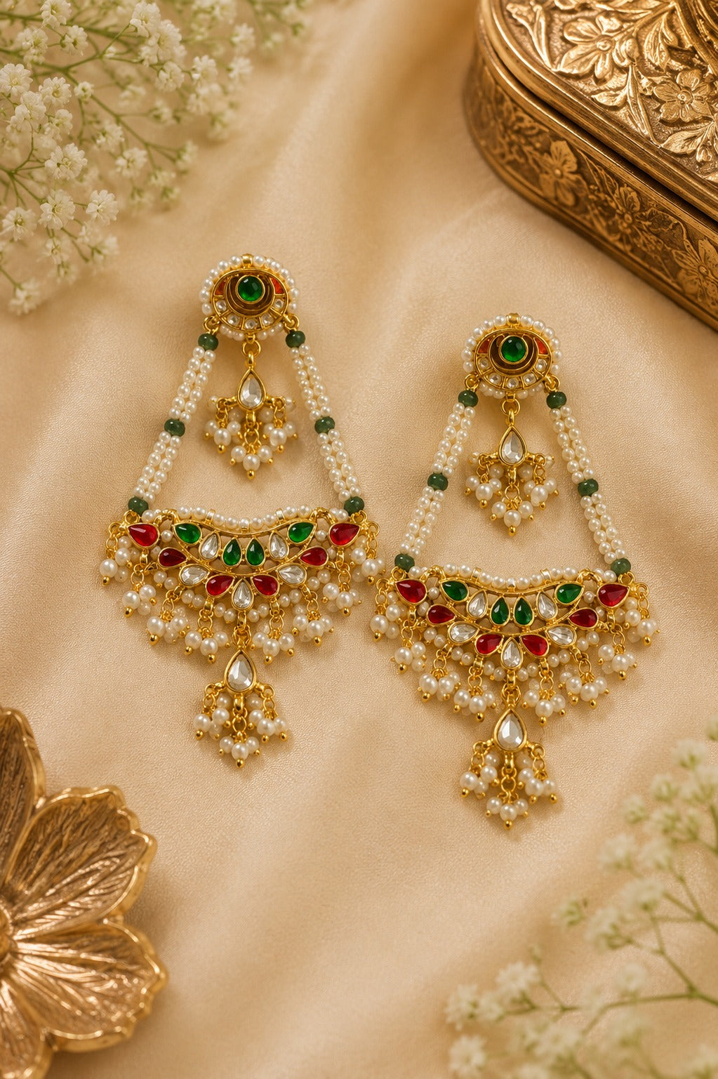 Pink & Green Kundan Biya Drop Dangler Earrings