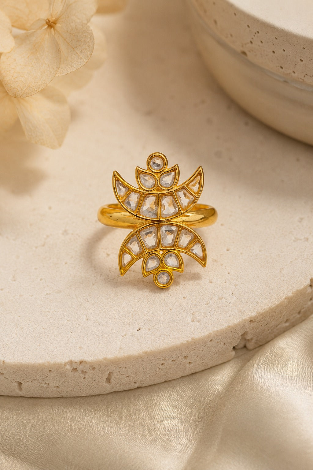 Gold & White Kundan Chand Ring