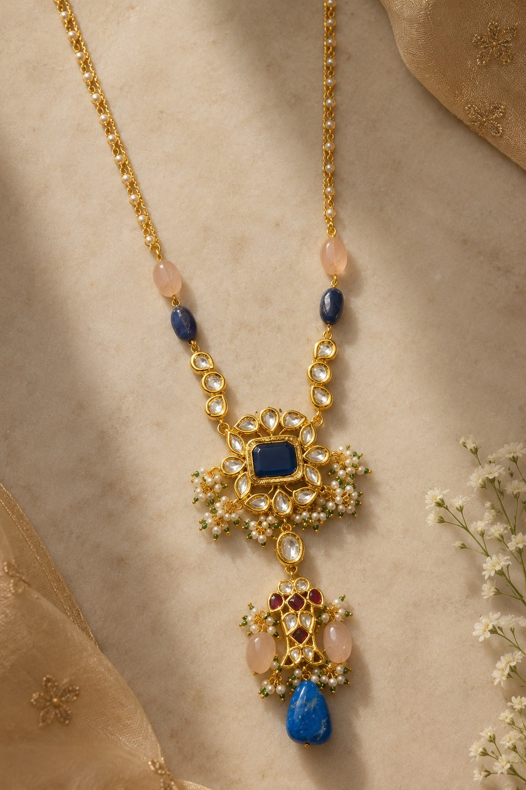 Blue Flower Lapis Long Kundan Necklace