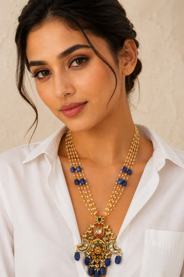 Red Enamel with Lapis Drop Kundan Necklace