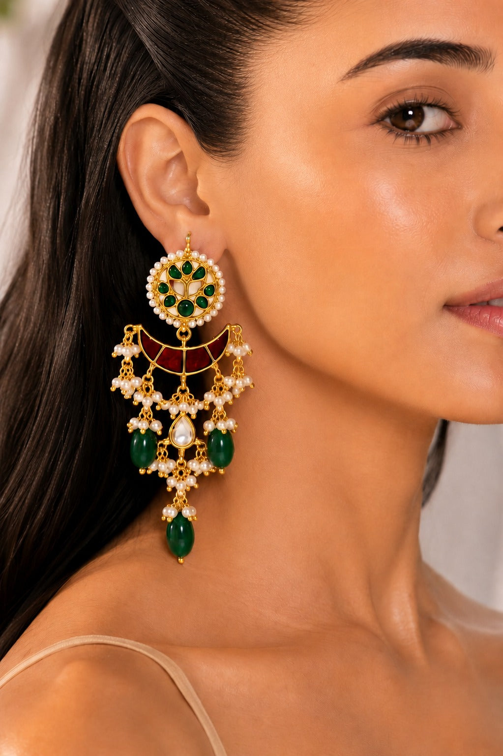 Red Green Meena Chand Kundan Green Drops Dangler Earrings