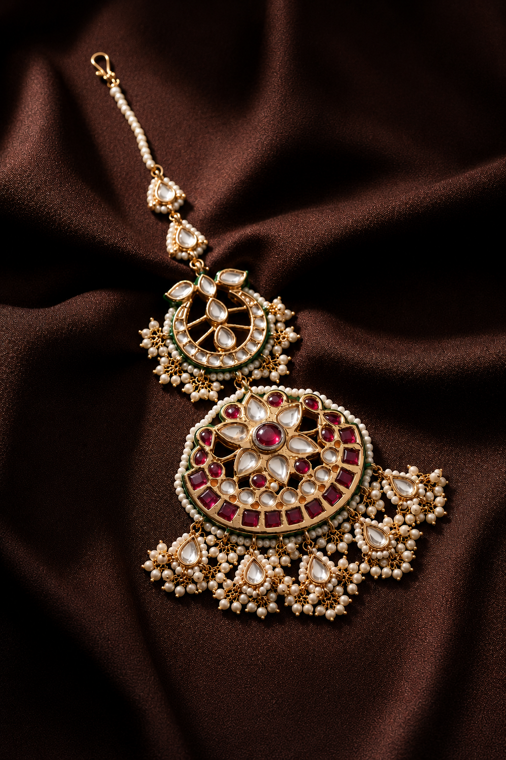 Red & White Flower Kundan Maang Tikka