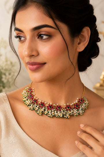 Red & Green Kundan Flower White & Green Pearls Choker Necklace