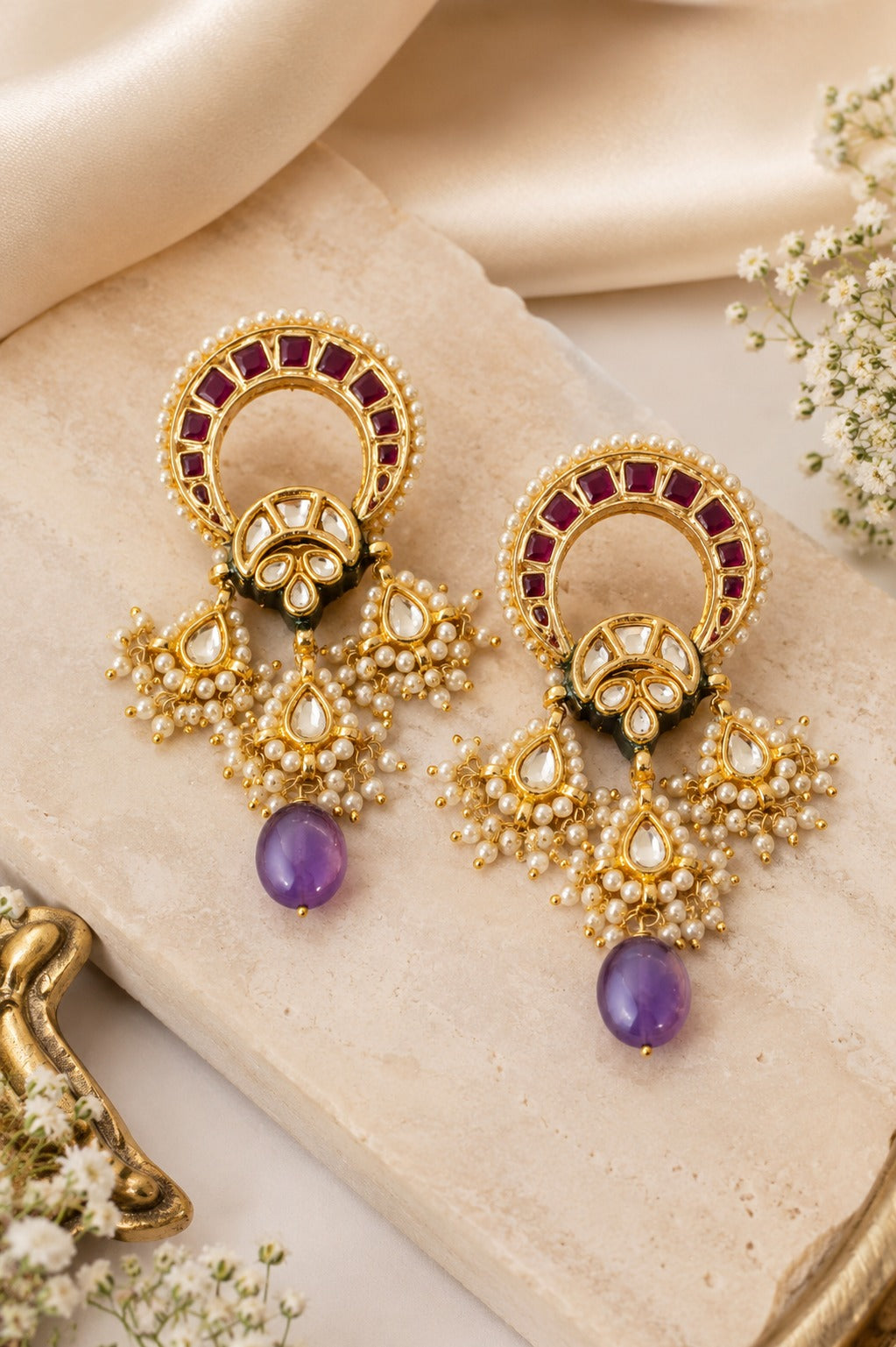 Red Kundan with Amethyst Drop Earrings