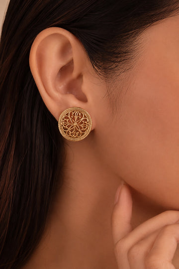 Gold Finish Round Filigree Stud Earrings