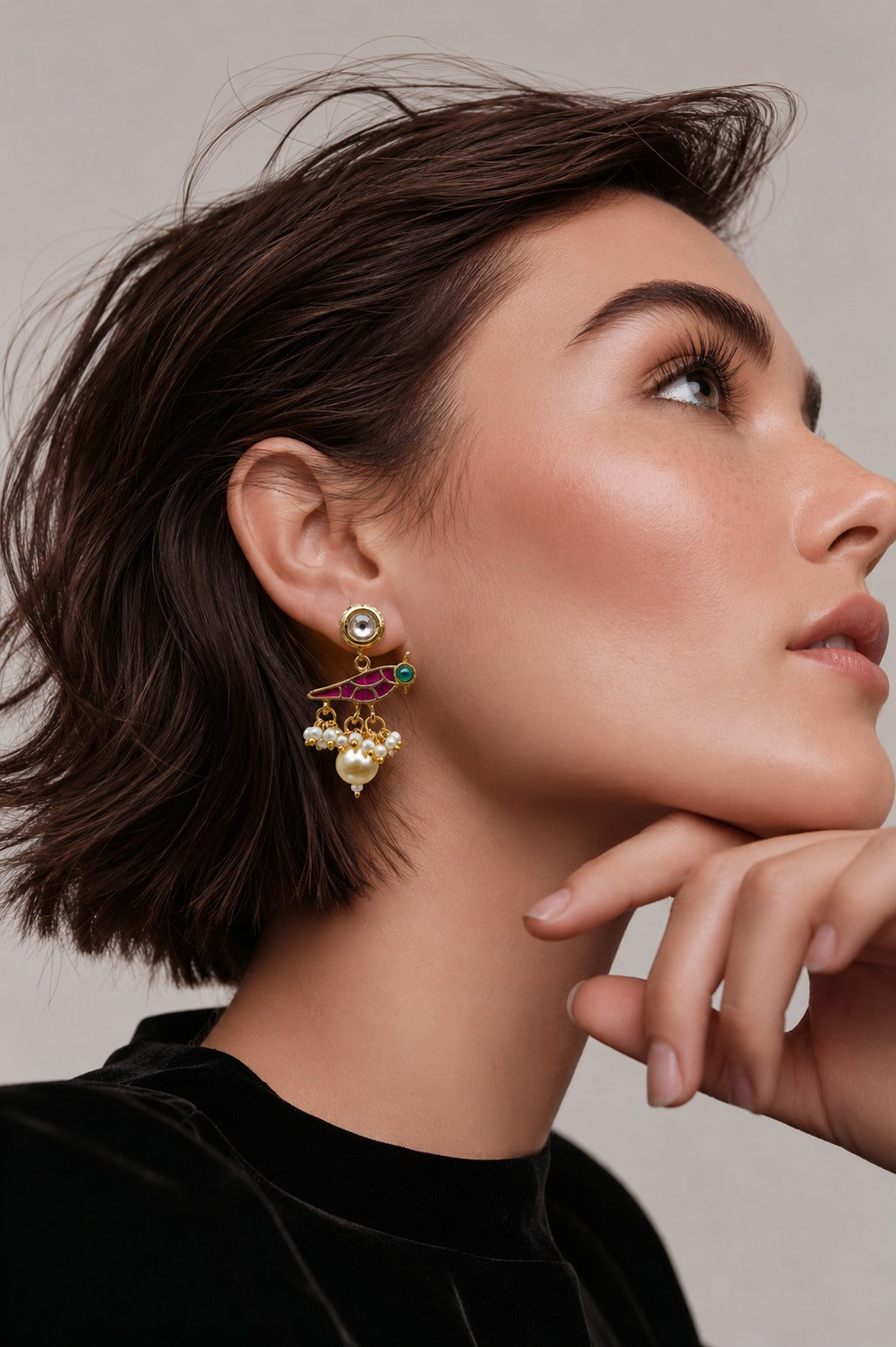 Red & Green Kundan Bird Earrings