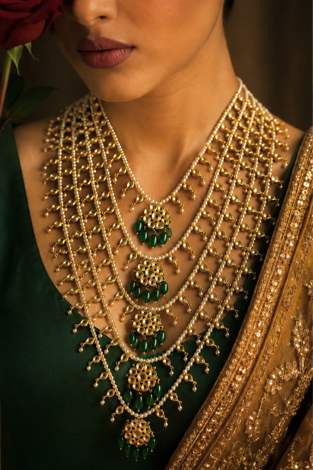Gold & Green Kundan Biya Emerald Drops Panchlada