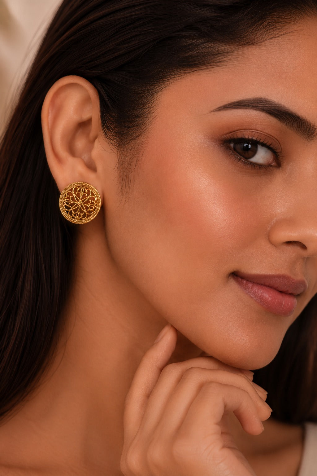 Gold Finish Round Filigree Stud Earrings
