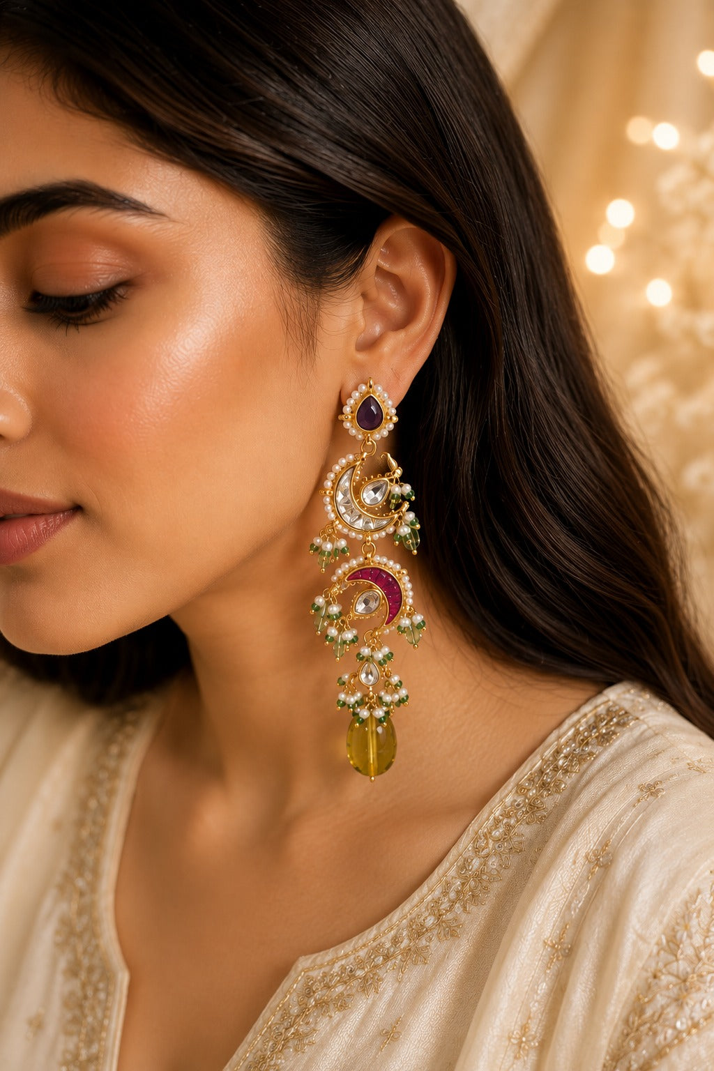 Red & White Kundan Yellow & Green Drops Earrings