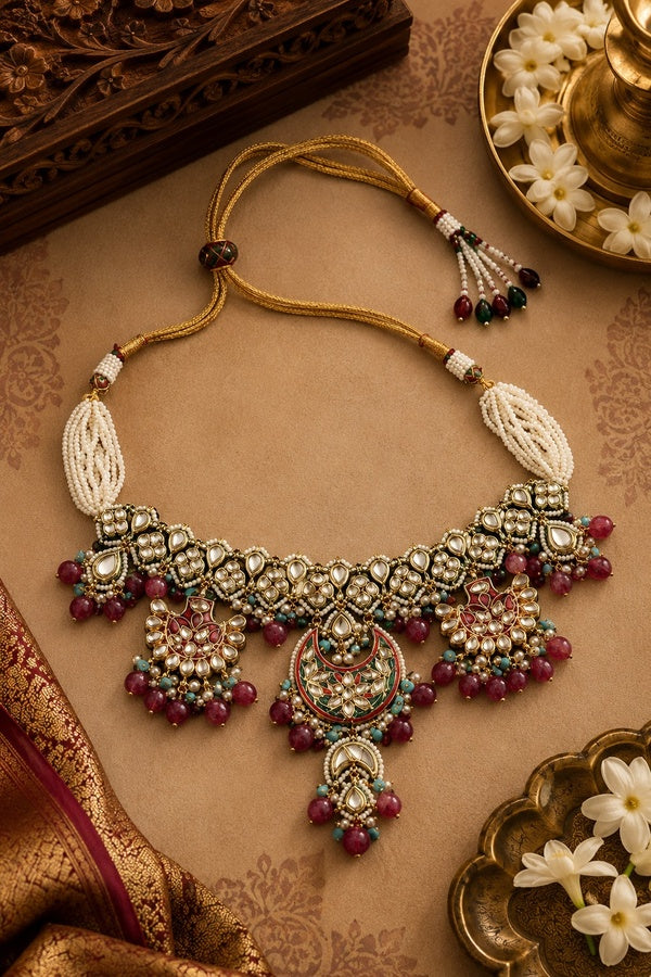 Blue & Red Meenakari Pearl Kundan Choker Necklace