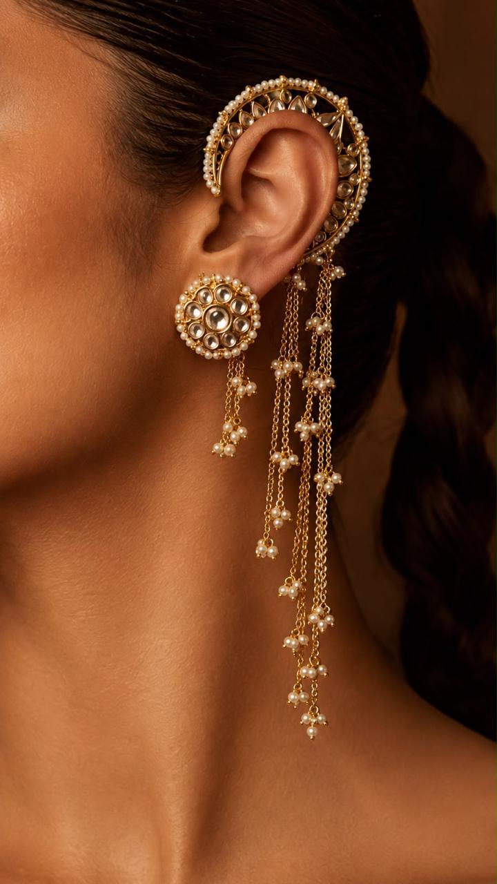 Kundan Pearl Cascade Ear Cuff with Stud Dangler Earrings