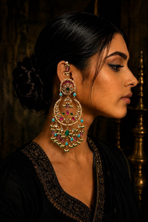 Gold Finish White & Red Kundan Chandbali Earriings With Tourmaline Drops & Pearls
