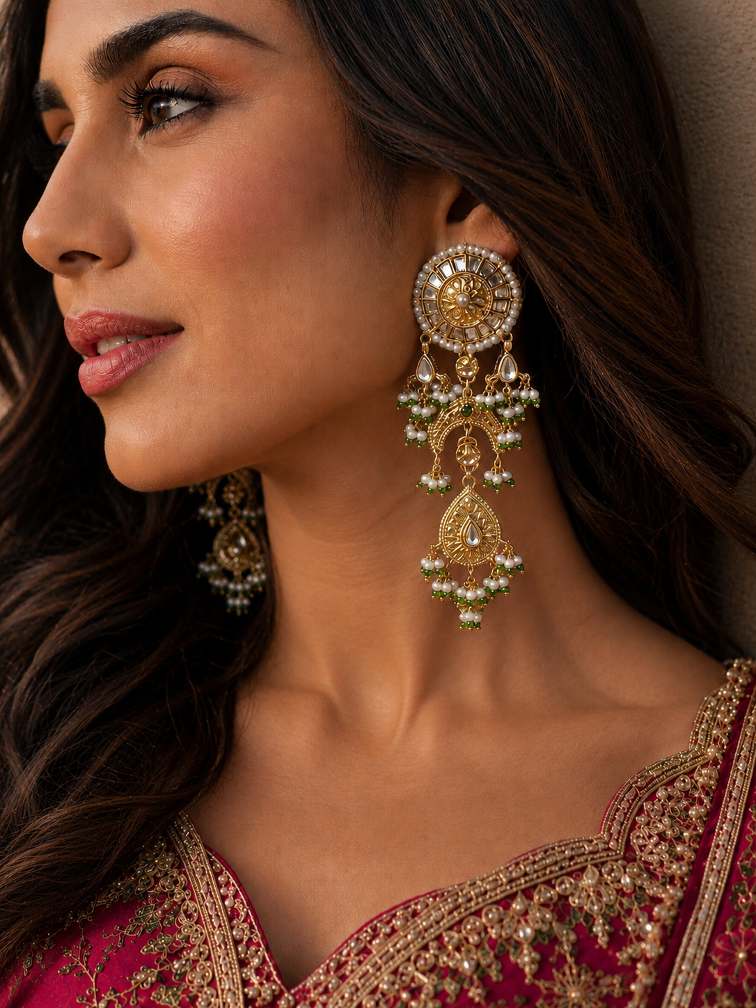 Statement Antique Gold & White Green Kundan Earrings