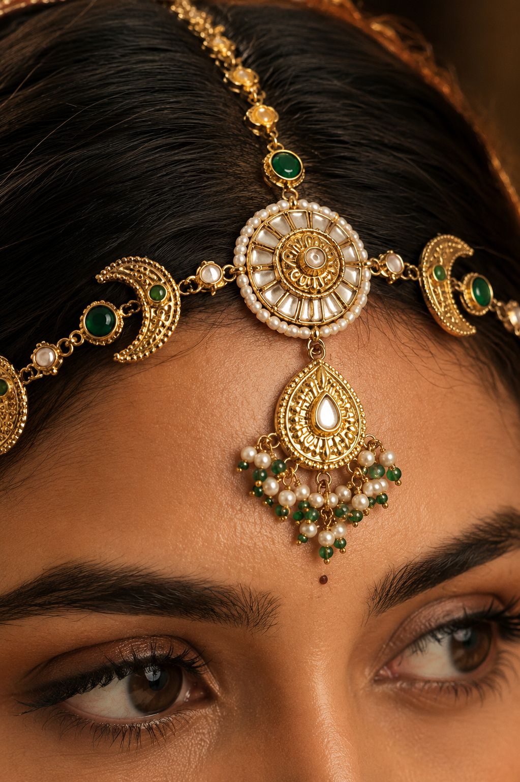 Antique Gold & White Green Kundan Mathapatti