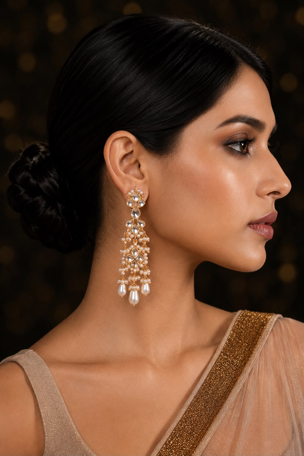 Gold & White Dangler Earrings With Pearl Drops