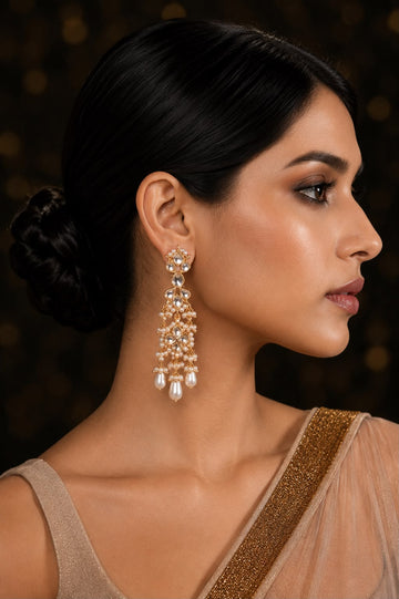 Gold & White Dangler Earrings With Pearl Drops